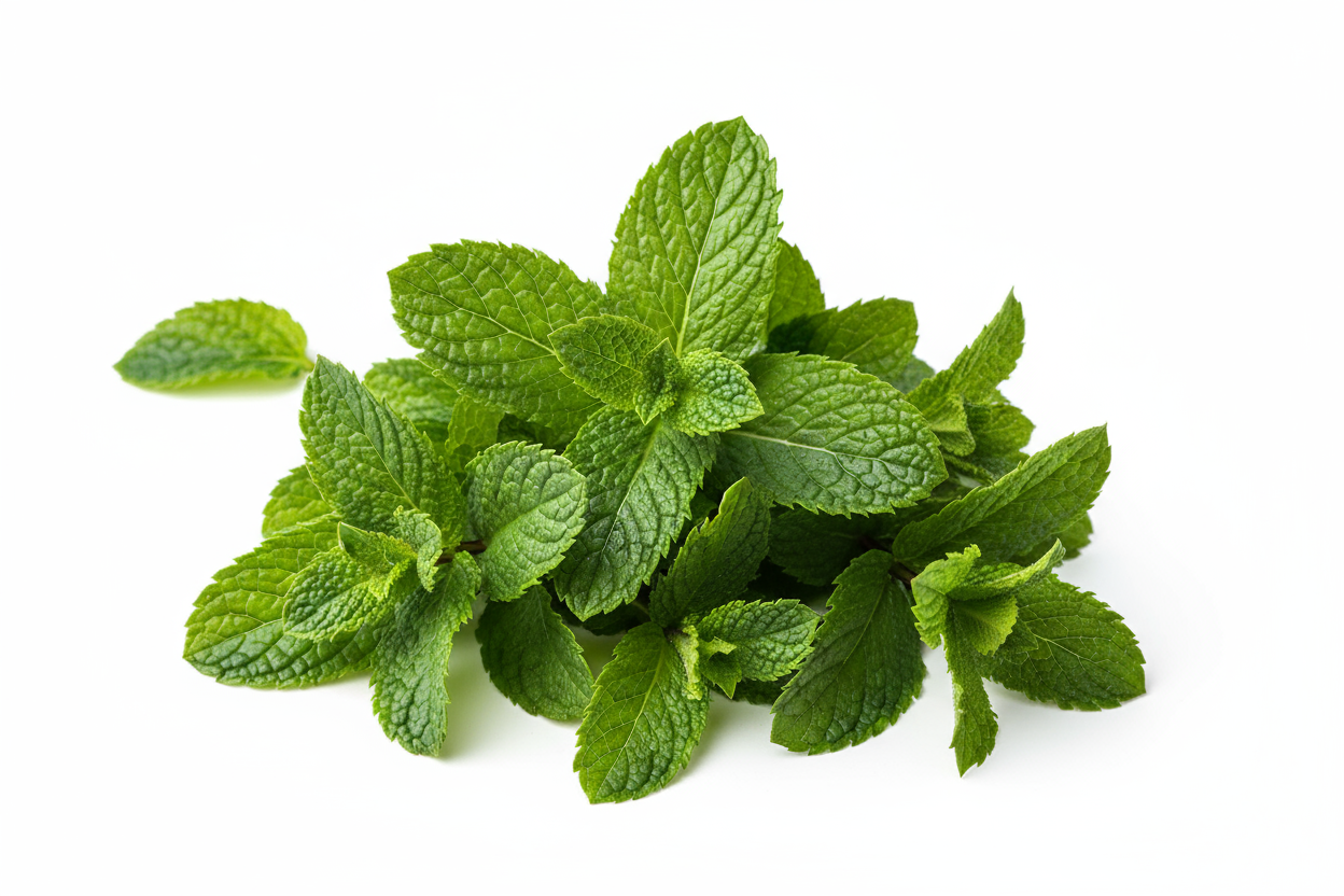 Fresh mint herb leaves, professional product photography, clean white background, realistic, high quality